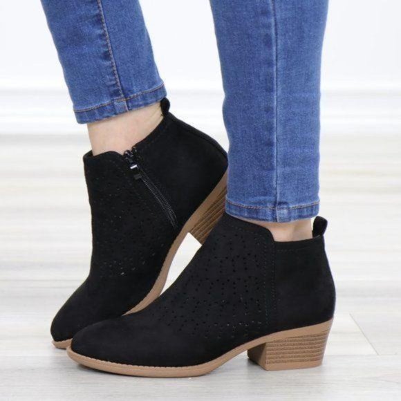 Shoes - Black Suede Ankle Boots Laser Cut Design
